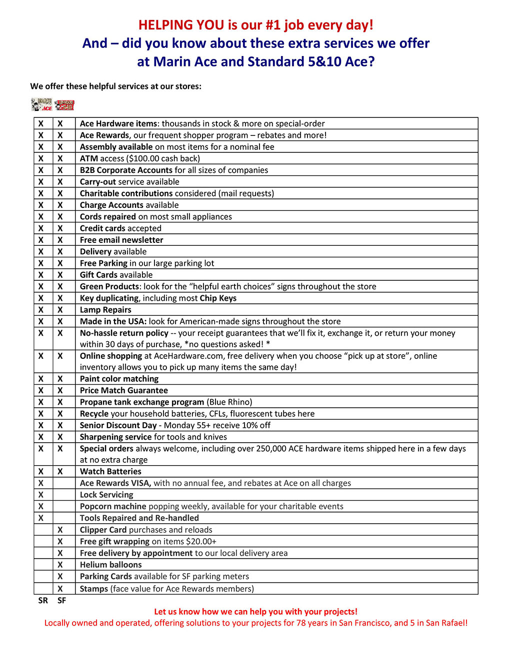 Services at Marin Ace and Standard5&10