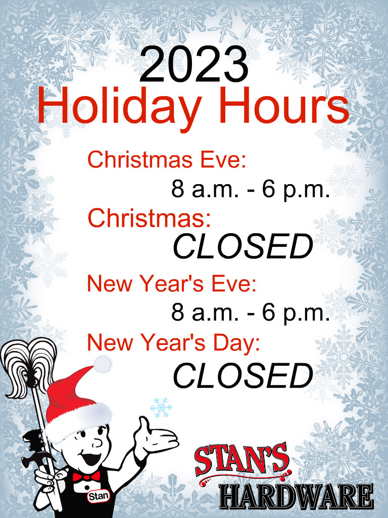 We will be closed on Christmas Day and New Year's Day